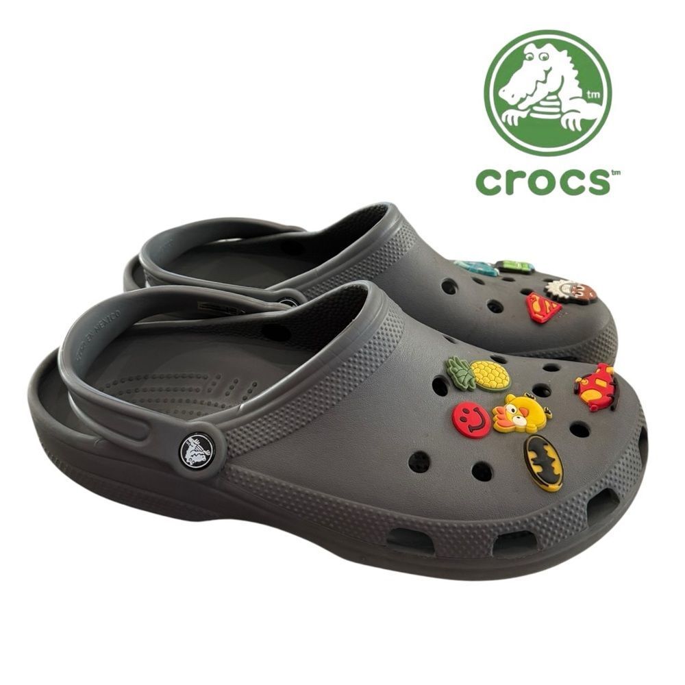 Crocs Classic Men's Grey Clogs with 9 Jibbitz Charms 11